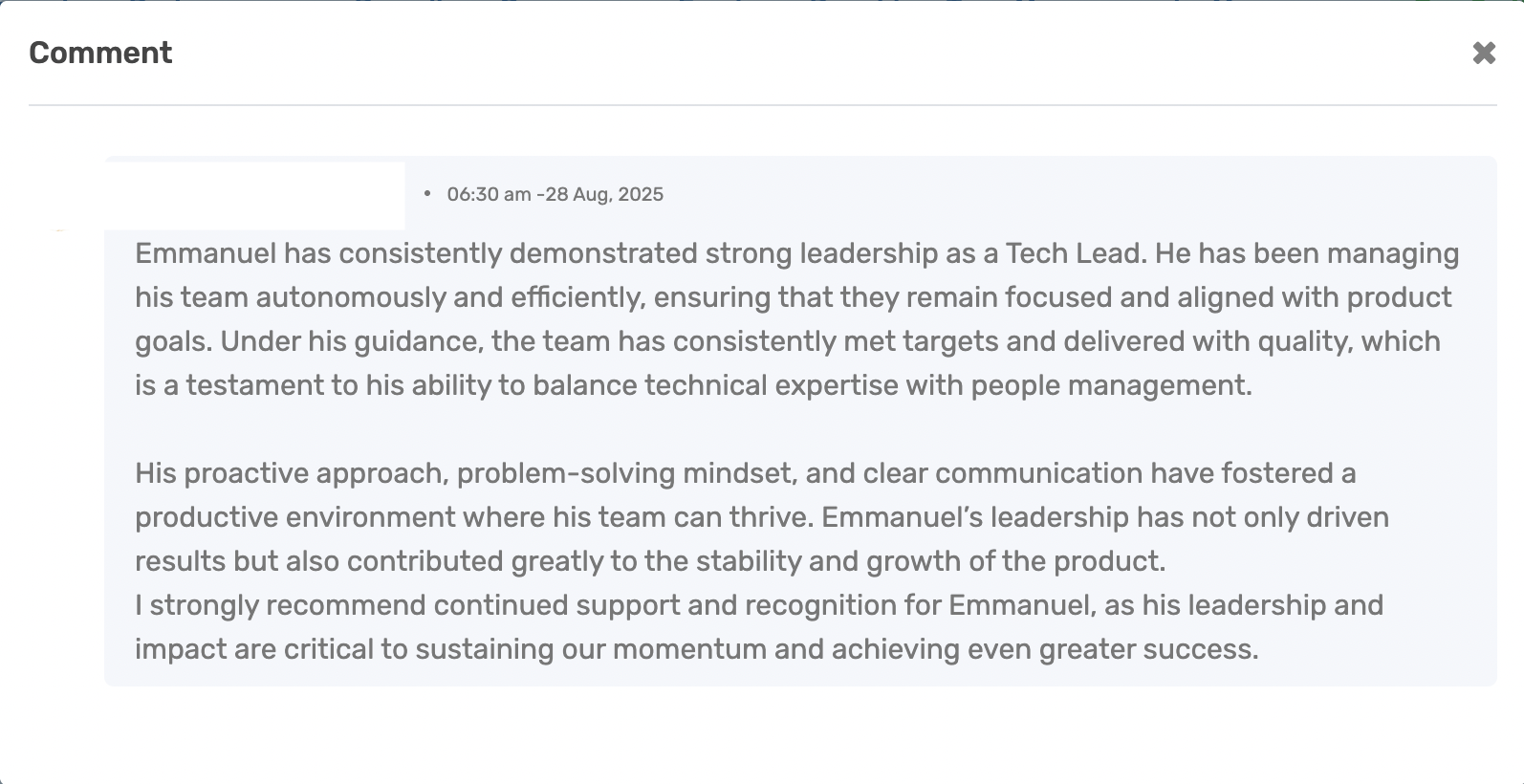 Emmanuel Ogwo SeamlessHR 2025 appraisal comment